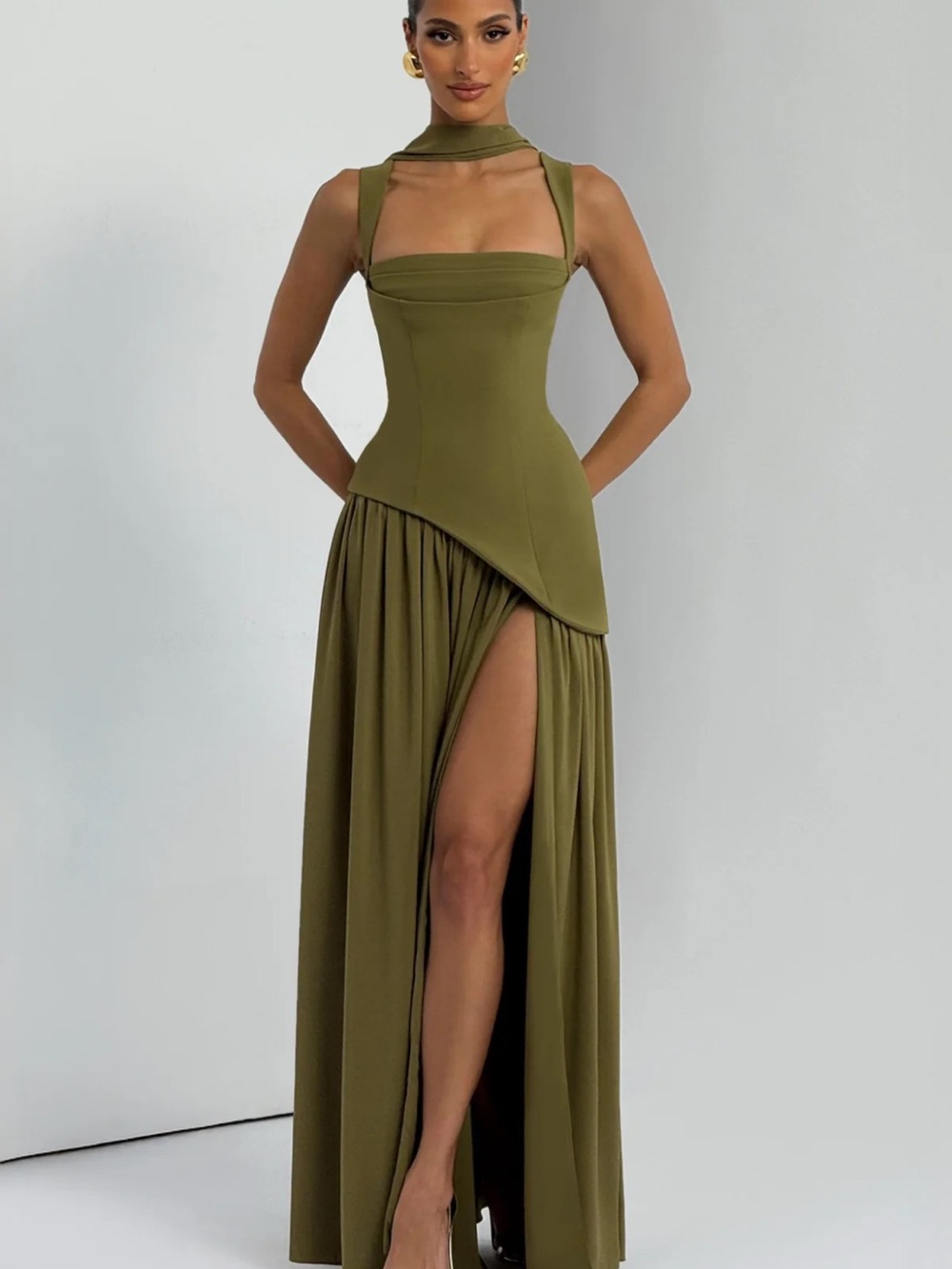 Babyboo Tullulah Maxi Dress - Asymmetrical Olive Green High-Slit Evening Gown